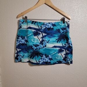 y2k 90s Express Tropical Beach Scene Mini Skirt Cotton Stretch sz 11/12 Blue